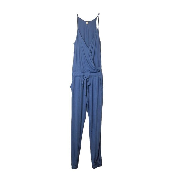 Elan Spaghetti Strap Crossover V-Neck Jogger Belted‎ Jumpsuit Blue Small - Picture 2 of 12